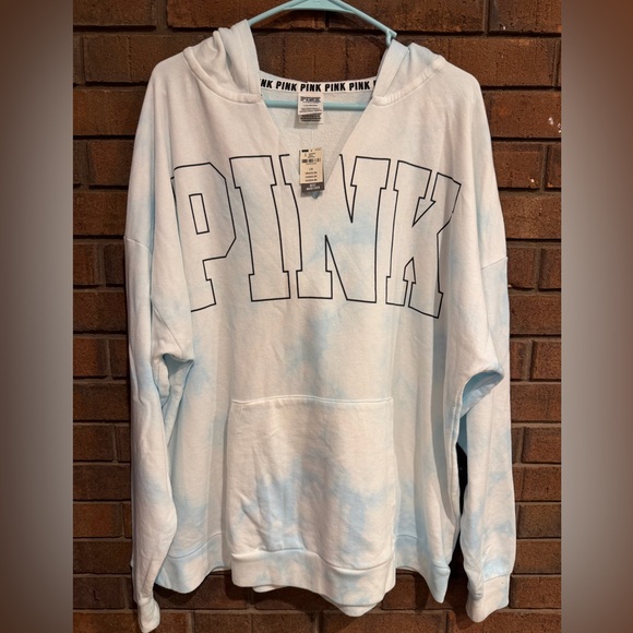 PINK Victoria's Secret Tops - PINK Victoria's Secret White Blue Hoodie sweatshirt New NWT Large L tie dye